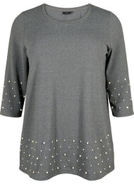 Bluse med perler og 3/4 ærmer, Dark Grey Melange
