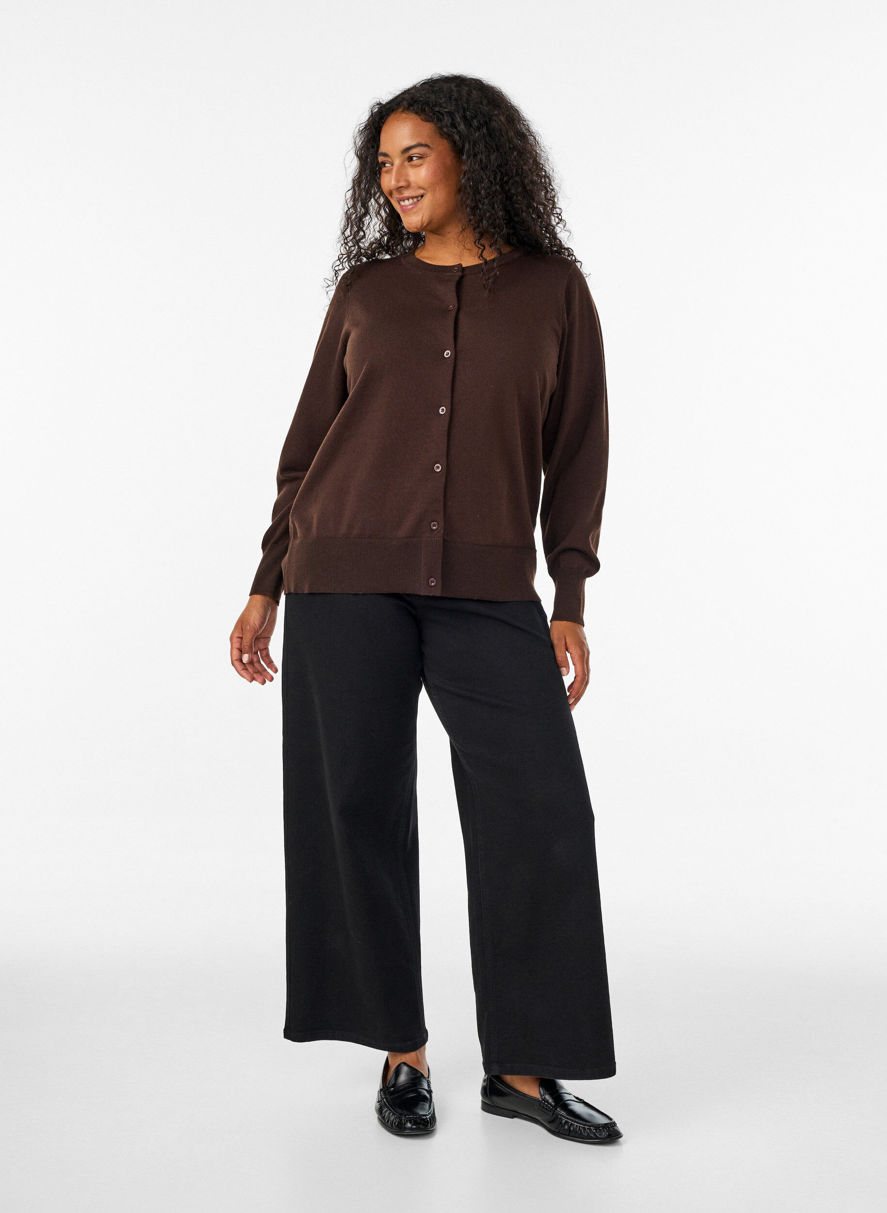 ZizziFinstrikket cardigan med rund hals, Brun, Model image number 1