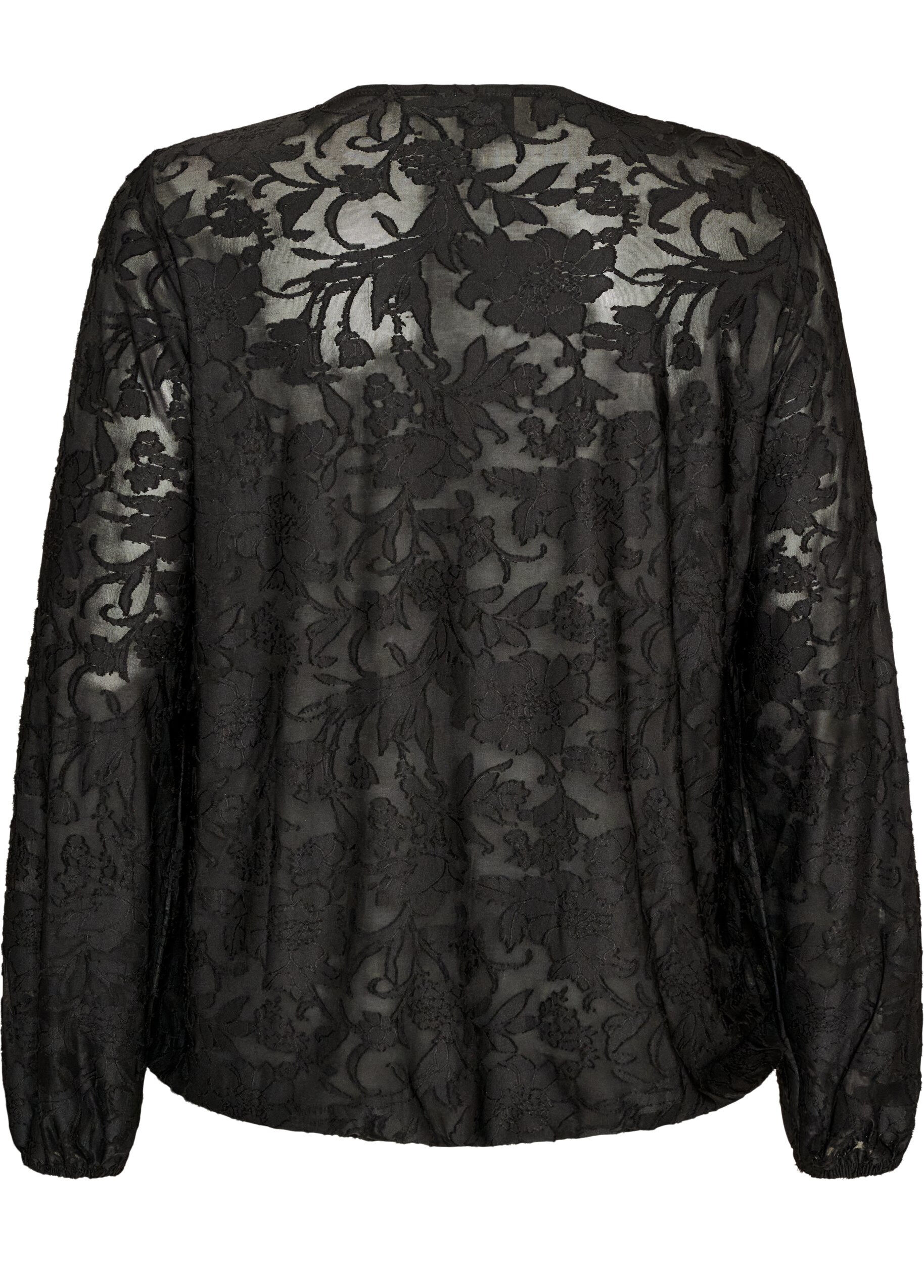ZizziTransparent bluse med blomsterstruktur og lange &aelig;rmer, Sort, Packshot image number 1