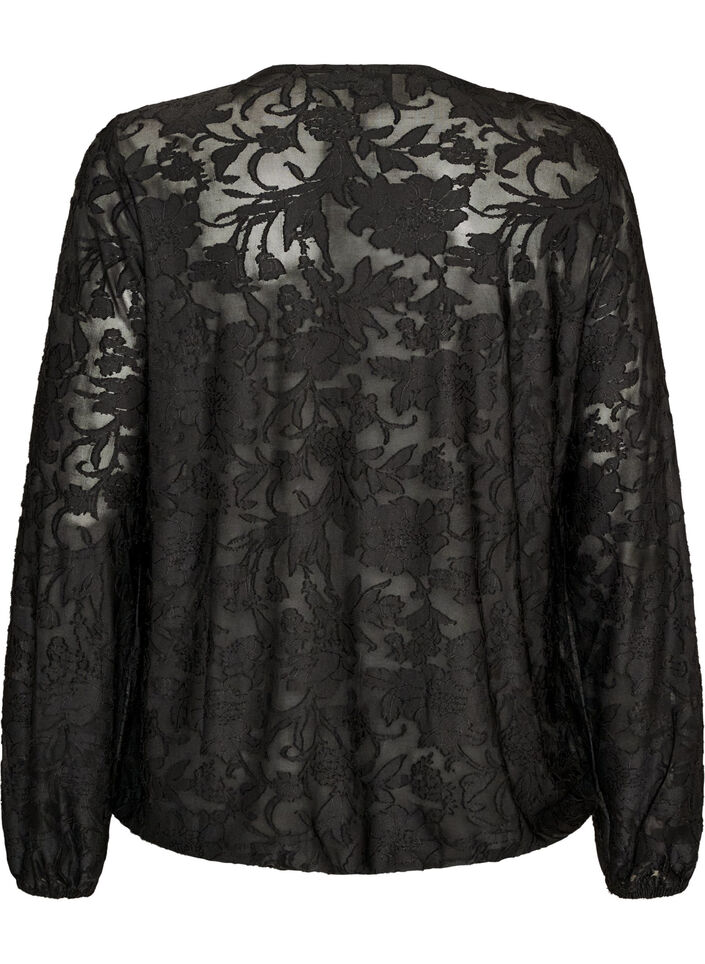 Transparent bluse med blomsterstruktur og lange &aelig;rmer, Sort, Packshot image number 1