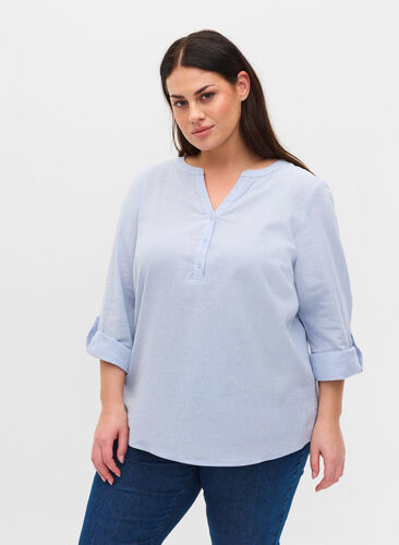 Skjortebluse i bomuld med v-udskæring, Icelandic Blue, Model image number 0