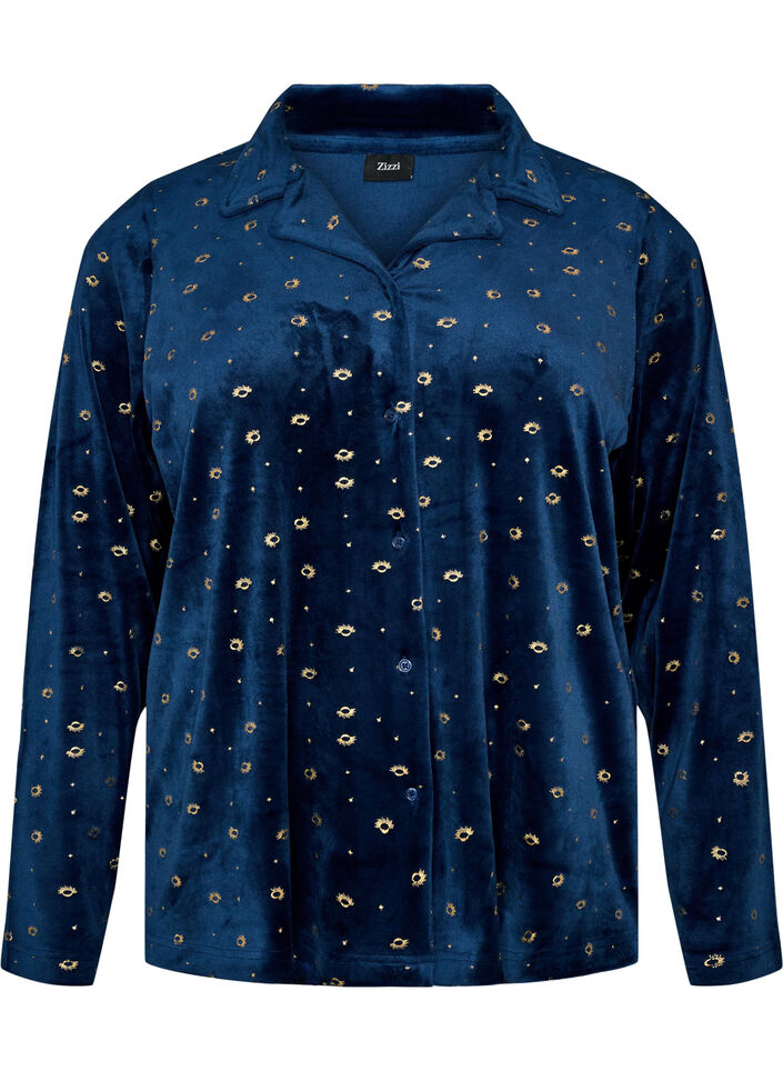Pyjamasskjorte i velour med all-over print, Bl&aring;, Packshot image number 0