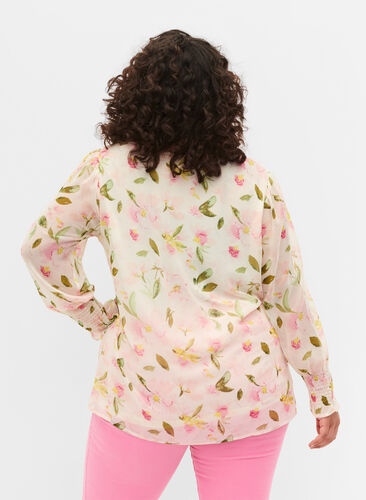 Blomstret bluse med lange ærmer og v-hals, White/Pink Flower, Model image number 1
