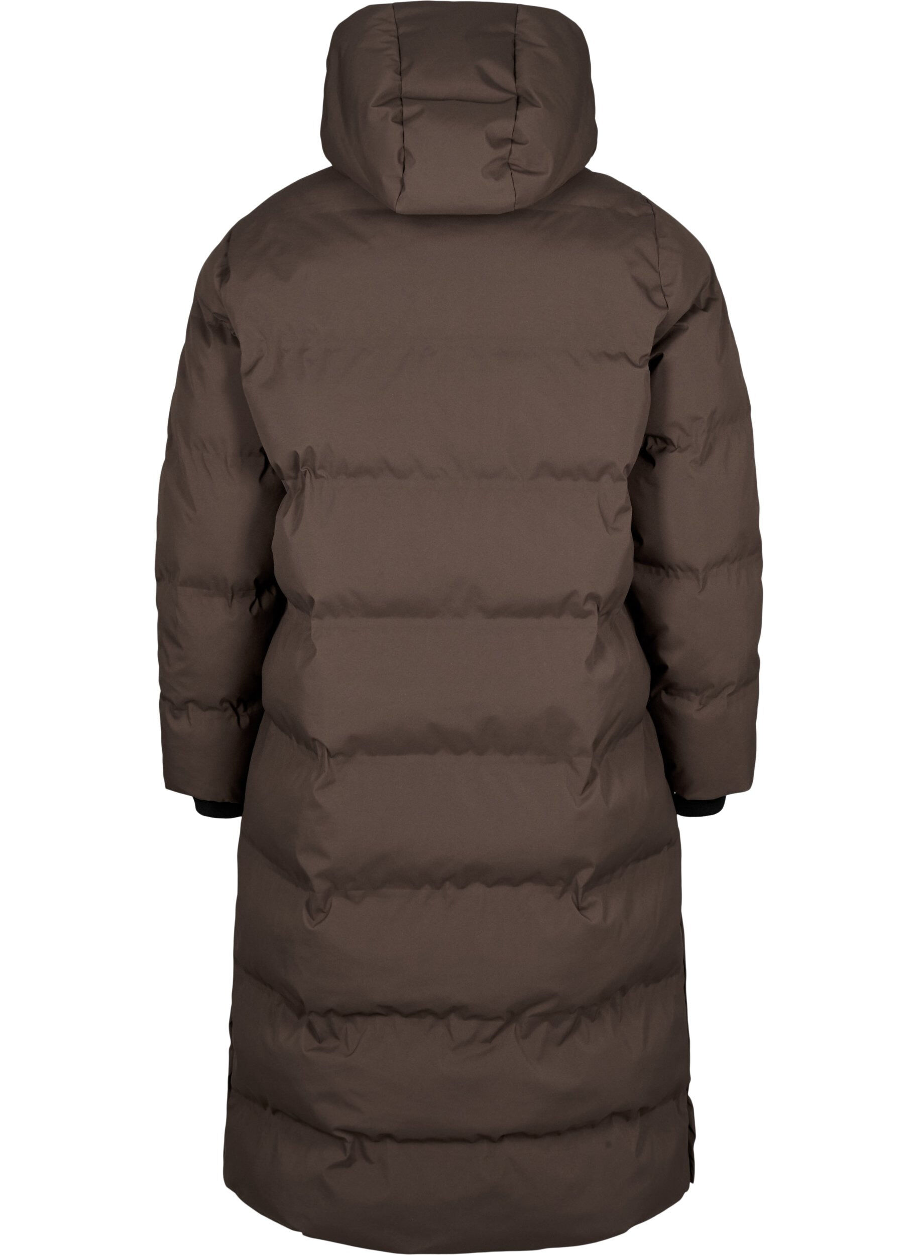 Zizzi Lang puffer vinterjakke med h&aelig;tte, Brun, Packshot image number 1