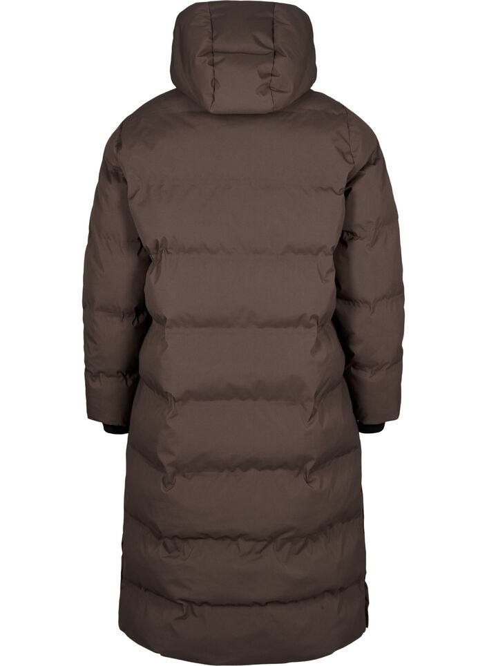 Lang puffer vinterjakke med hætte, Brun, Packshot image number 1