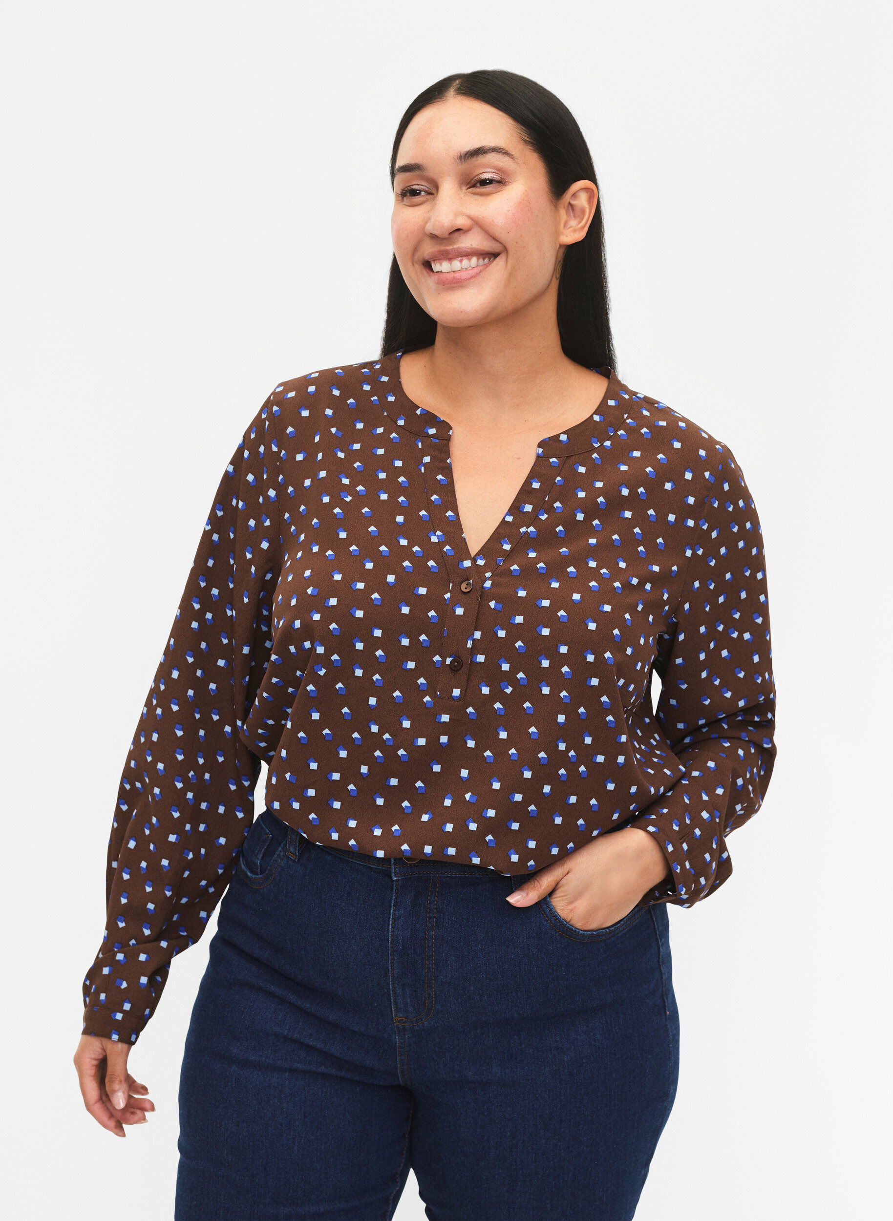 Zizzi FLASH - Lang&aelig;rmet bluse med print, Chicory Coffee AOP, Model image number 0
