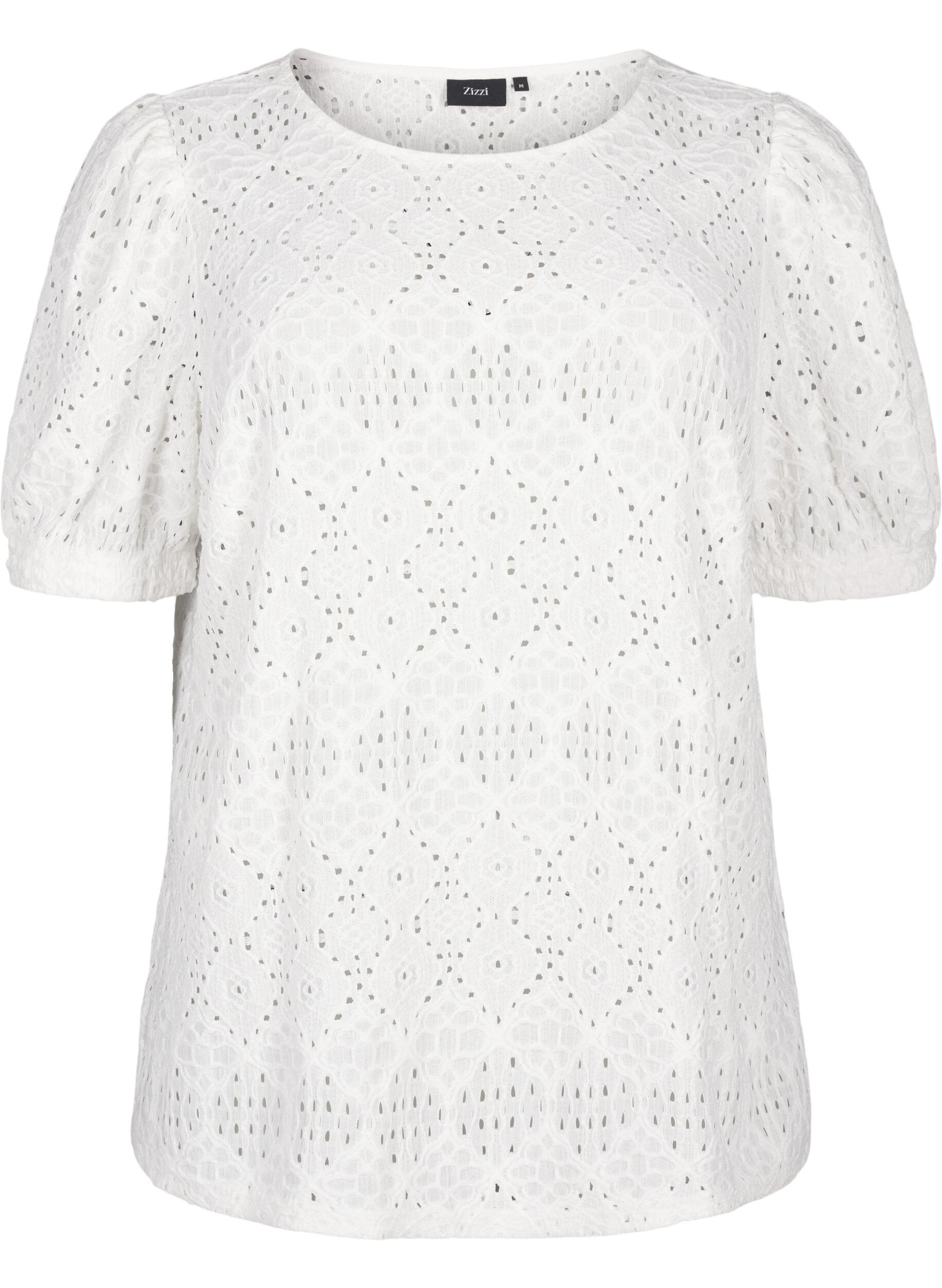 Zizzi Kort&aelig;rmet bluse med hulm&oslash;nster, Bright White, Packshot image number 0