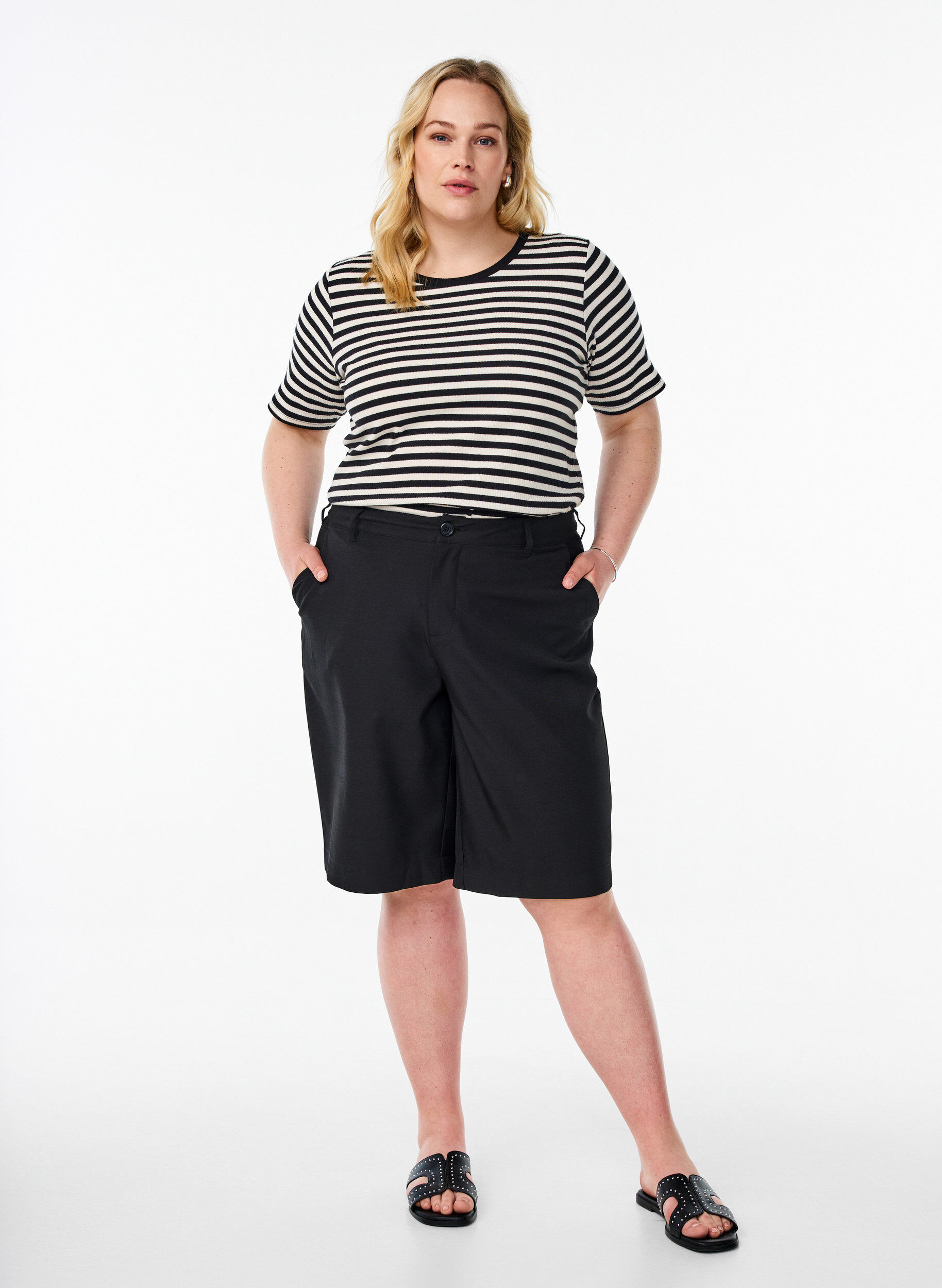 ZizziStribet t-shirt med ribstruktur, Sort, Model image number 1