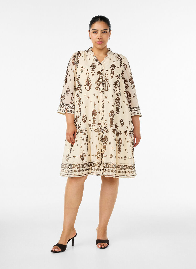 Kjole med ornamentprint og fl&aelig;sekrave, Beige, Model image number 1