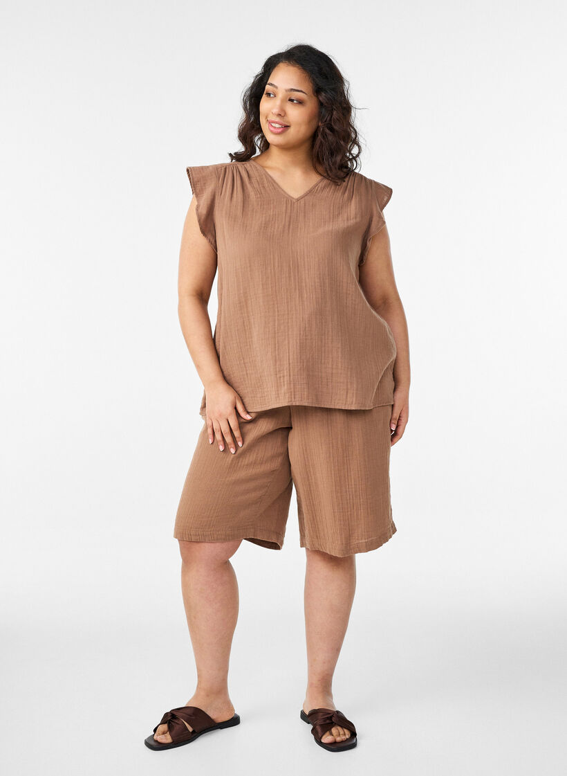 L&oslash;se shorts i bomuldsmusselin med h&oslash;j talje, Brun, Model image number 1