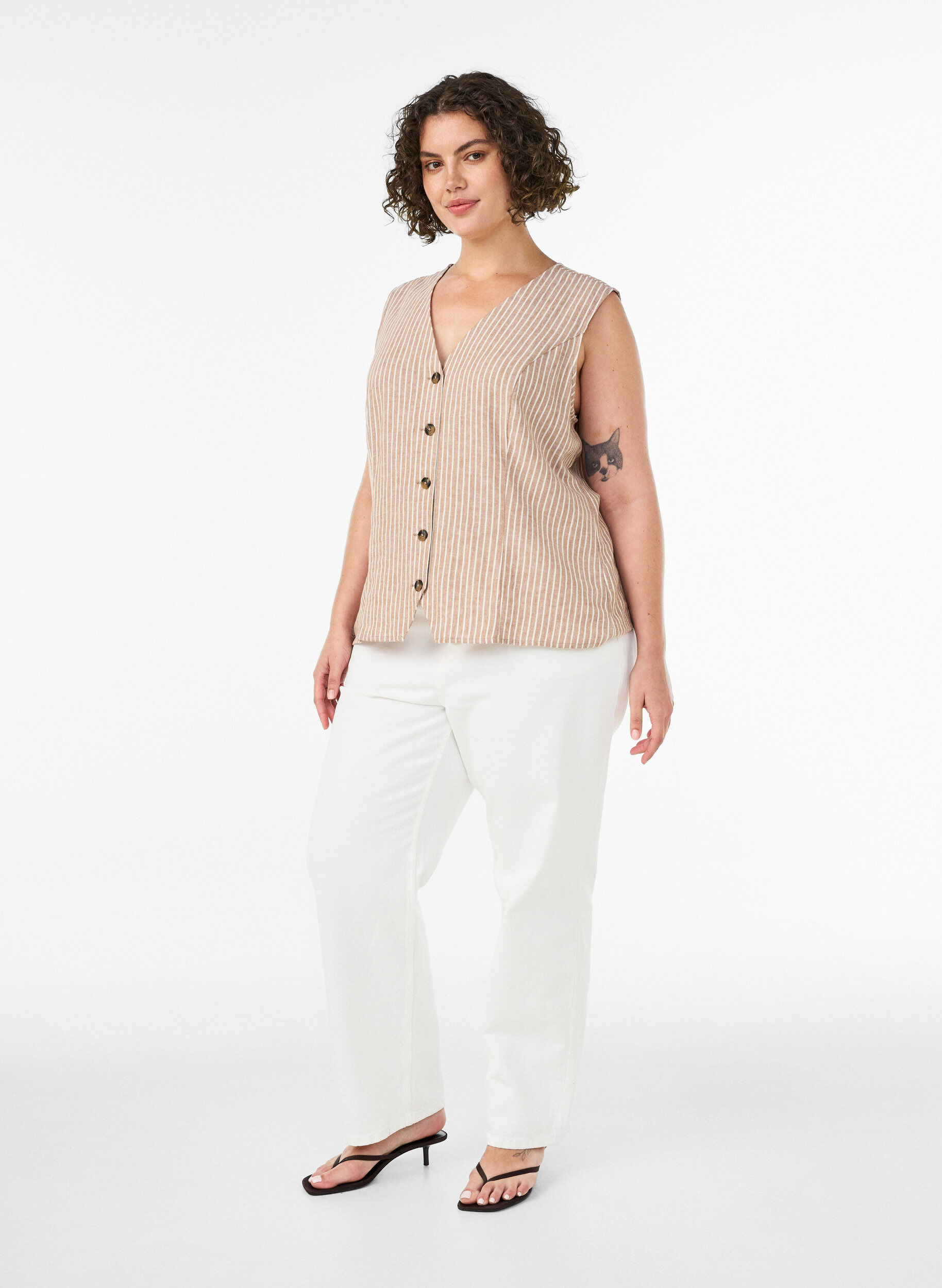 ZizziStribet vest i h&oslash;r og viskose, Beige, Model image number 1