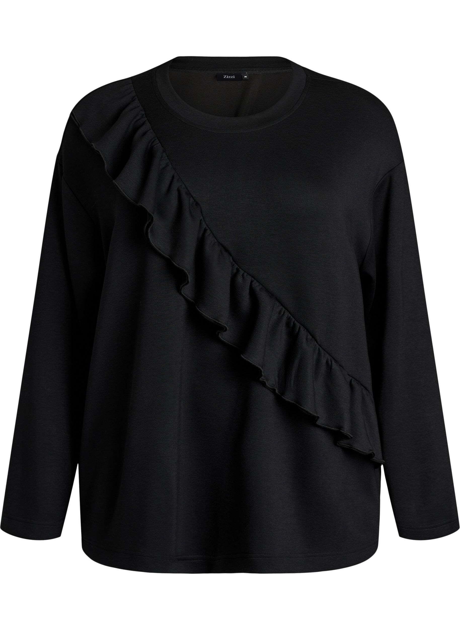 ZizziJerseybluse med diagonal fl&aelig;sedetalje, Sort, Packshot image number 0