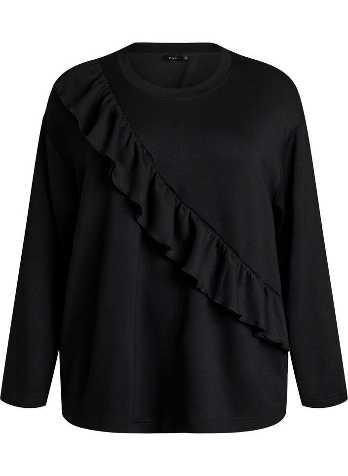 Jerseybluse med diagonal fl&aelig;sedetalje, Sort, Packshot image number 0