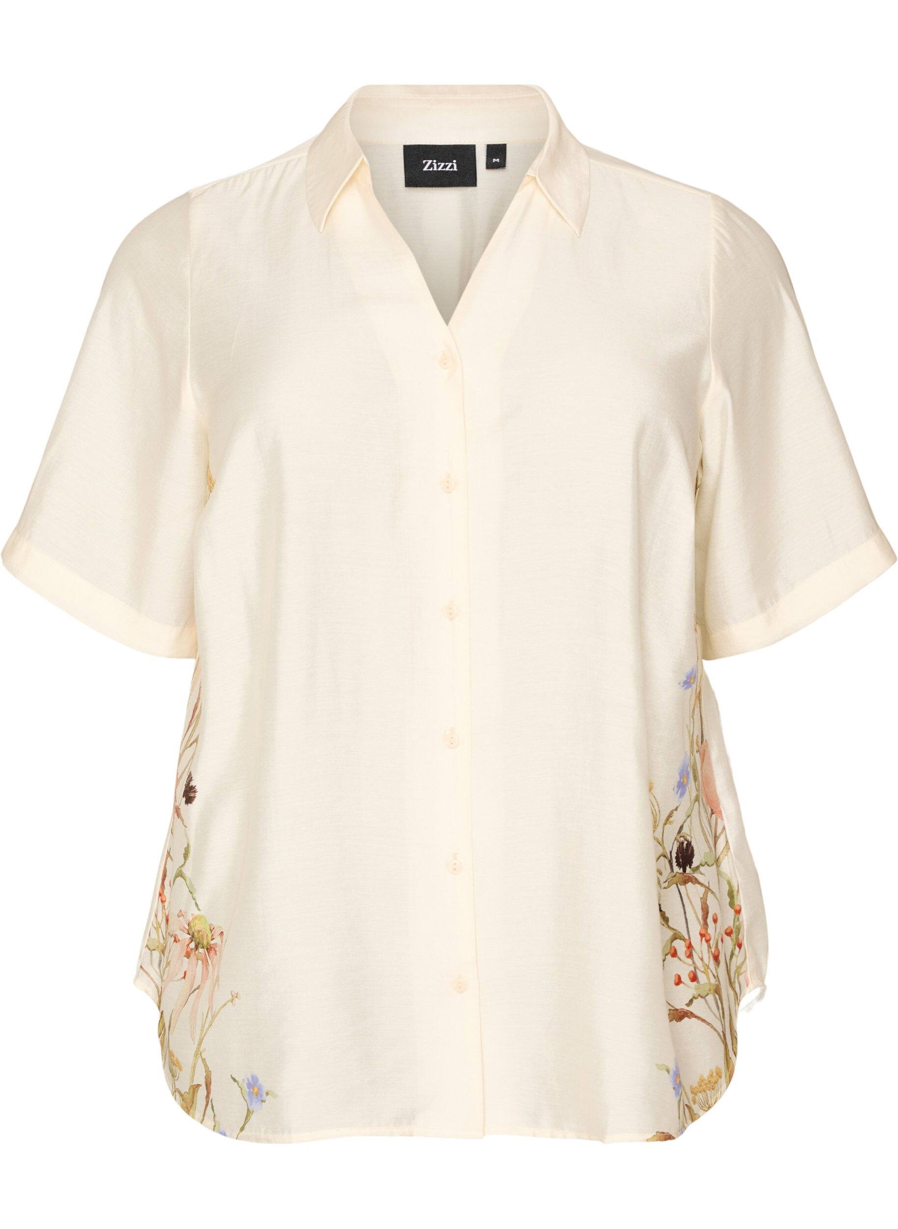 ZizziSkjortebluse med albuelange &aelig;rmer og blomster detaljer, Beige, Packshot image number 0