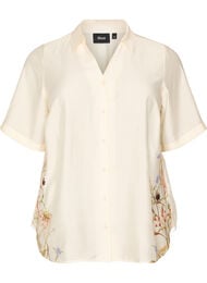 Skjortebluse med albuelange &aelig;rmer og blomster detaljer, Beige