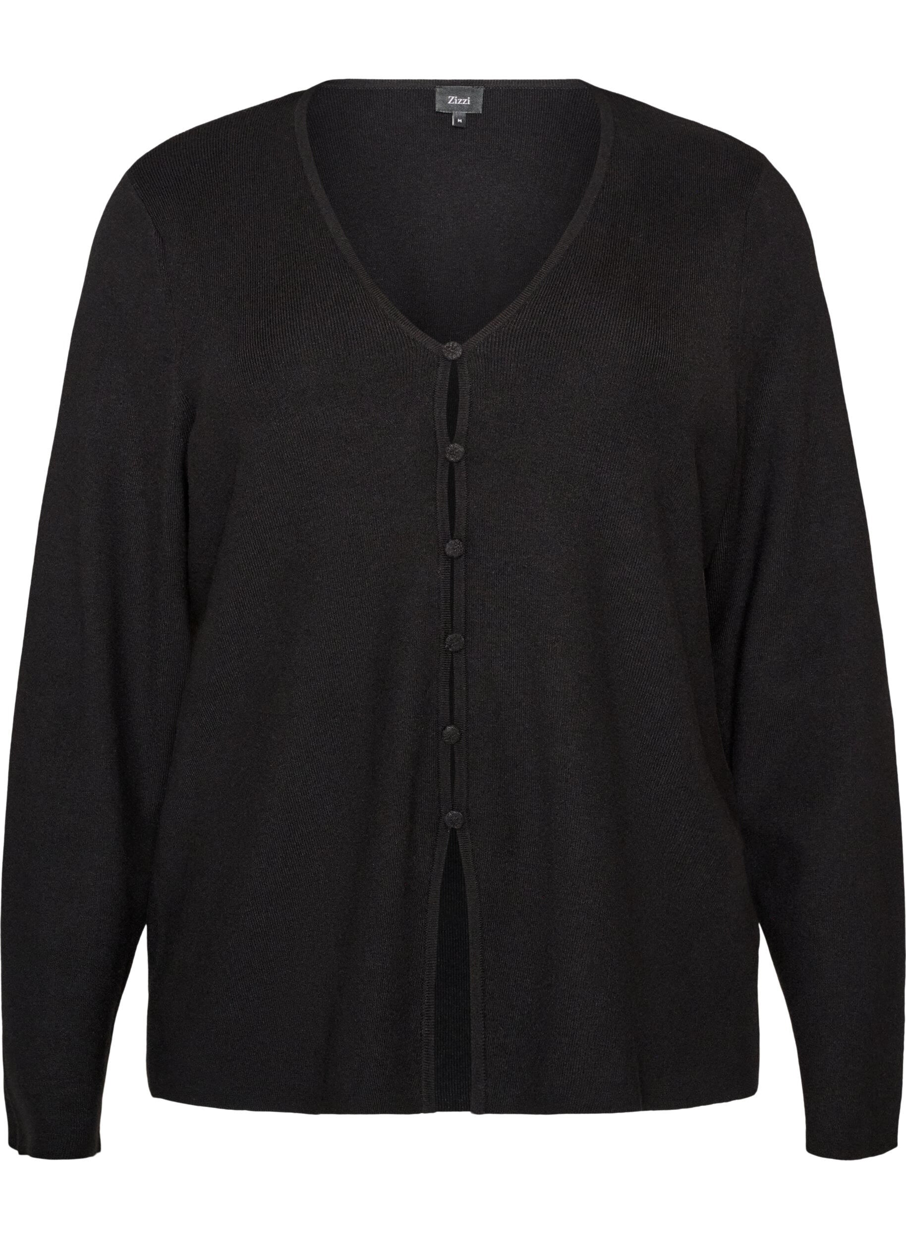 ZizziFinstrikket cardigan med stofbetrukne knapper, Sort, Packshot image number 0