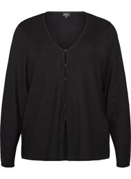 Finstrikket cardigan med stofbetrukne knapper, Sort