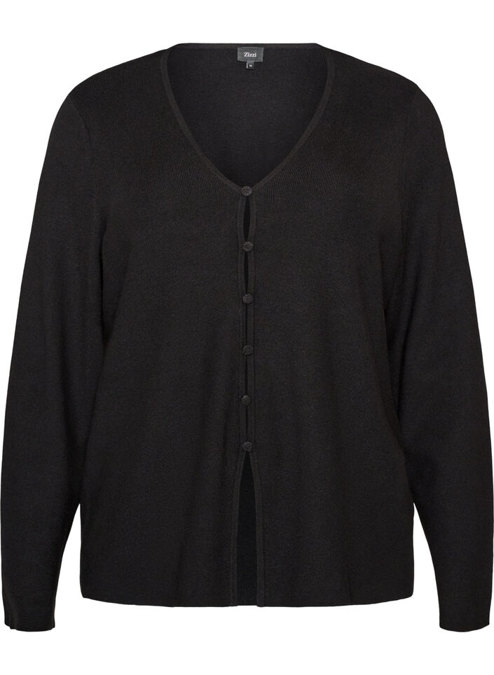 Finstrikket cardigan med stofbetrukne knapper, Sort, Packshot image number 0