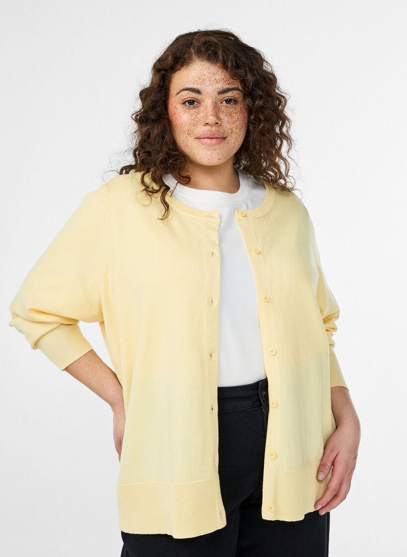 Finstrikket cardigan med rund hals, Gul, Model image number 0