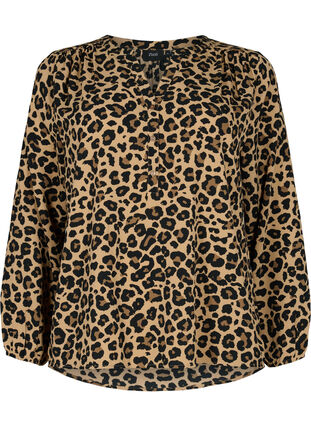 Langærmet bluse med leoprint og v-hals, Leopard, Packshot image number 0