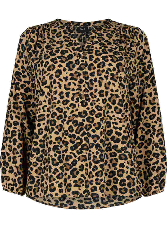 Langærmet bluse med leoprint og v-hals, Leopard, Packshot image number 0