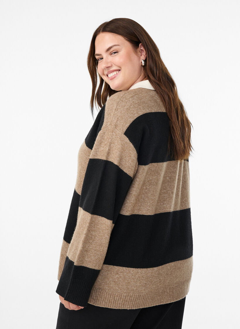 Strikbluse med krave og V-udskæring, Sort, Model image number 2