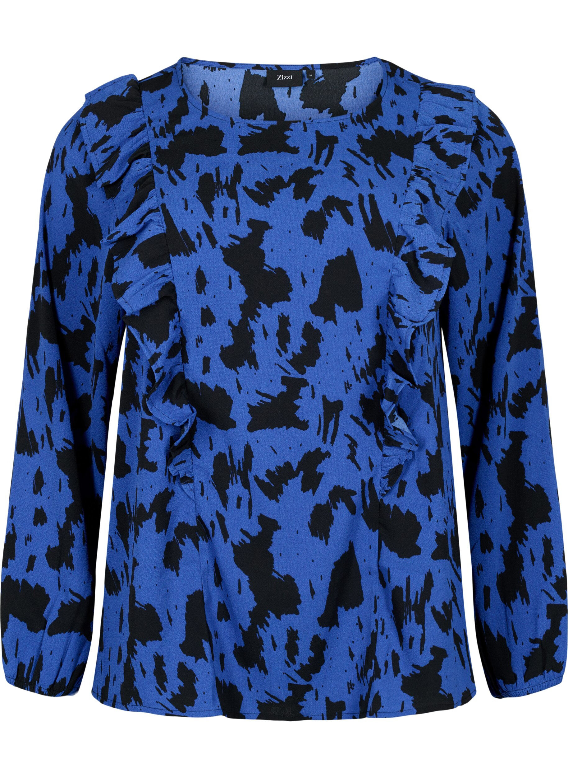 Zizzi Lang&aelig;rmet bluse med fl&aelig;ser, Black Blue AOP, Packshot image number 0