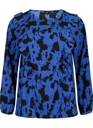 Langærmet bluse med flæser, Black Blue AOP, Packshot image number 0