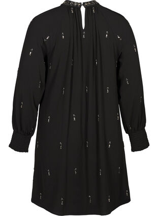 Langærmet kjole med perler og smock, Black, Packshot image number 1