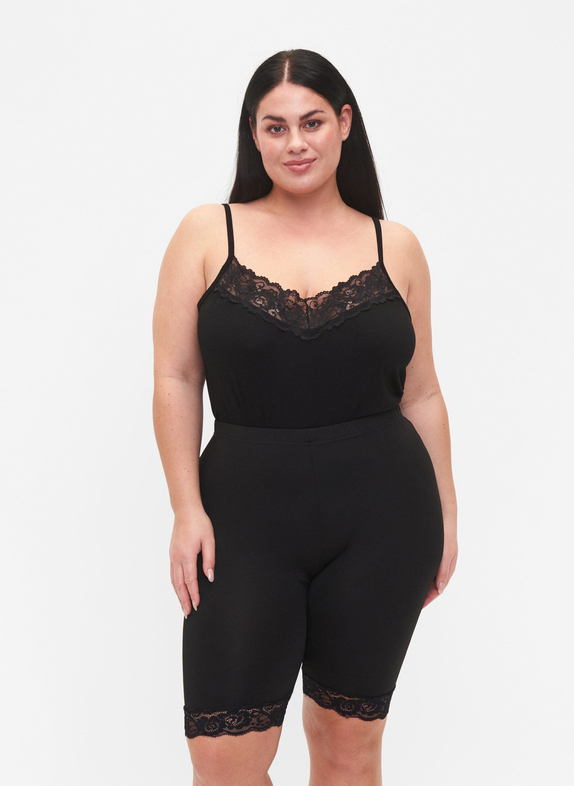 Zizzi 2-pak cykelshorts med blondekant, Black / Black, Model image number 0