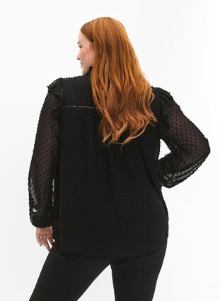 Skjortebluse med flæser og prikket tekstur, Black, Model image number 1