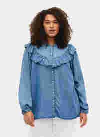Langærmet skjorte med flæser i lyocell (TENCEL™), Blue denim, Model