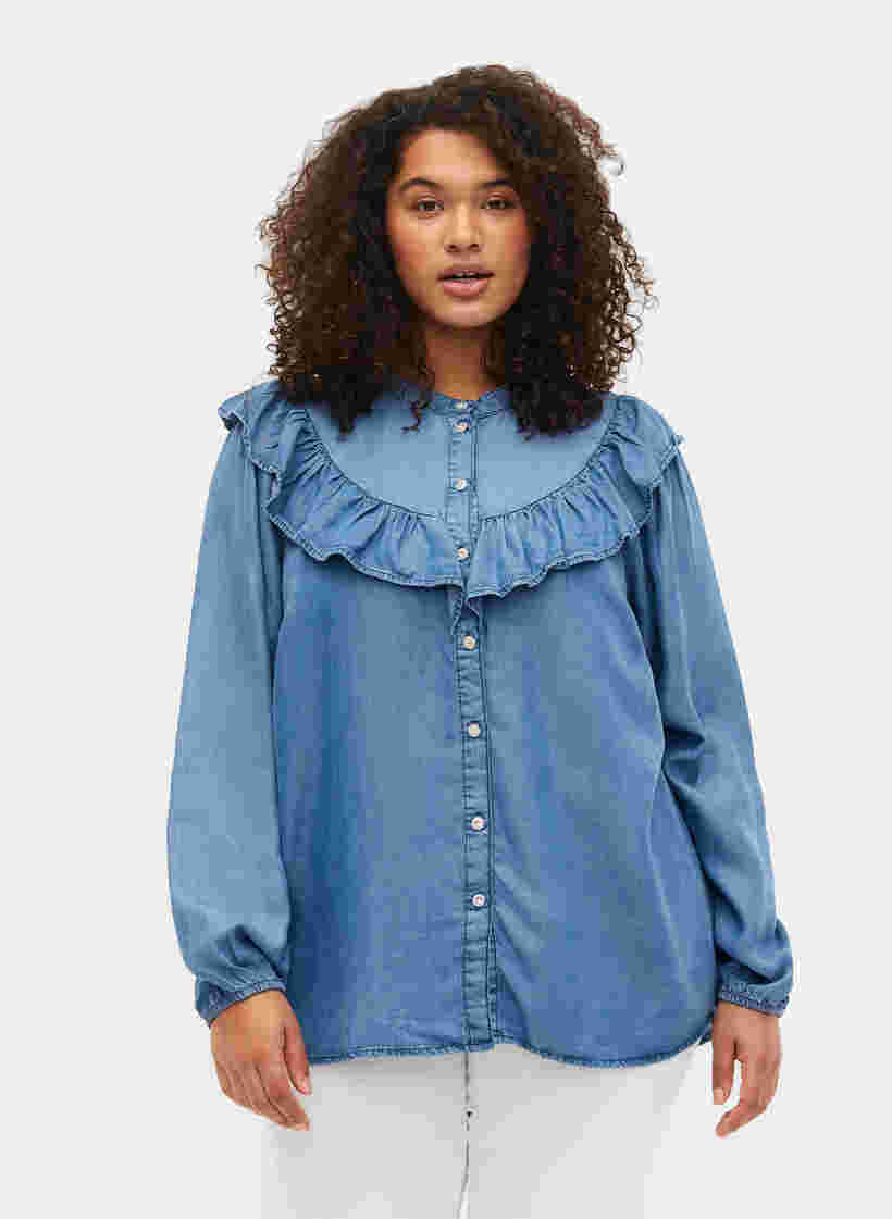 Langærmet skjorte med flæser i lyocell (TENCEL™), Blue denim, Model image number 0