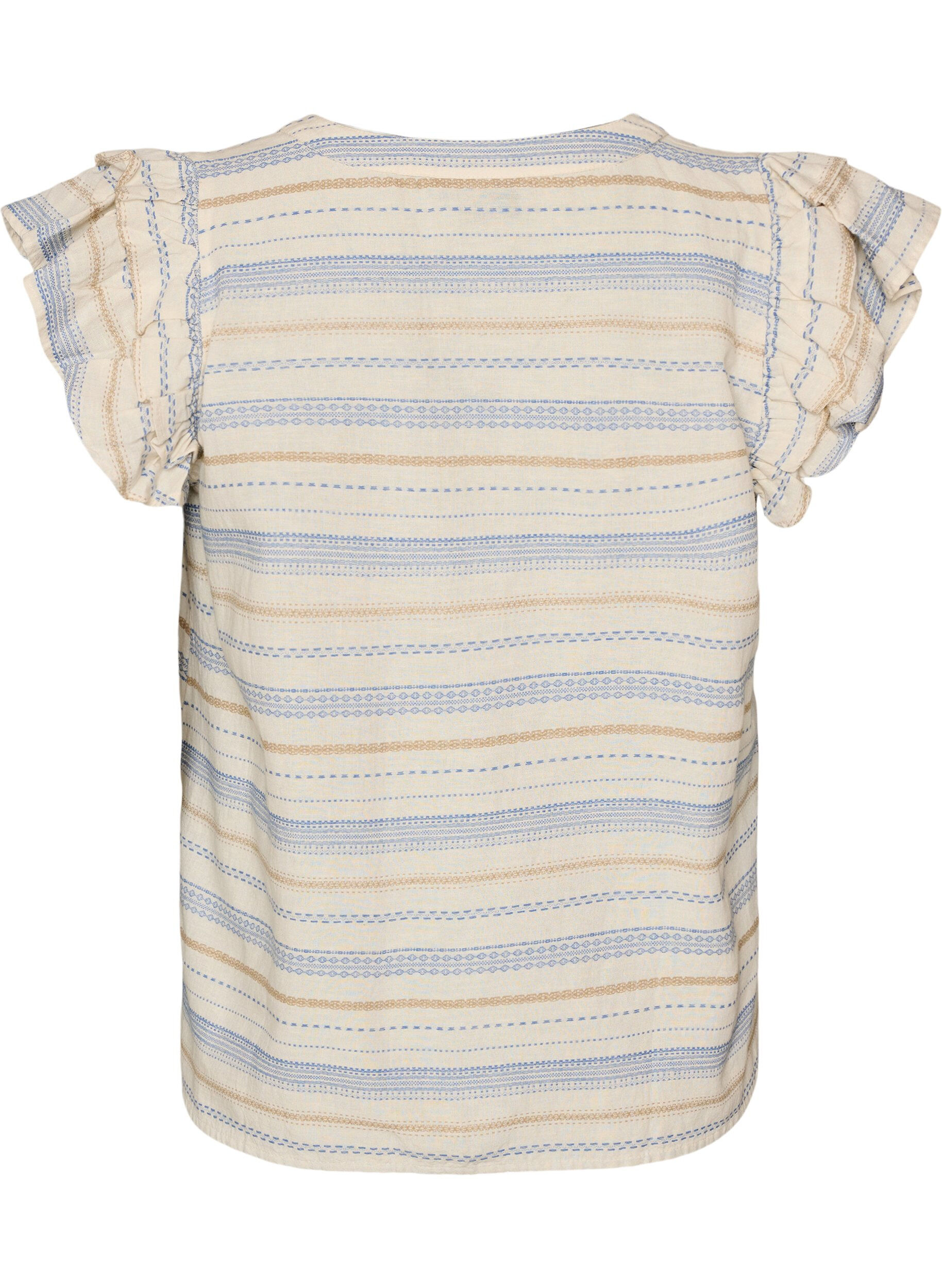 Zizzi&AElig;rmel&oslash;s bluse med fl&aelig;ser og m&oslash;nstrede striber, Vanilla, Packshot image number 1