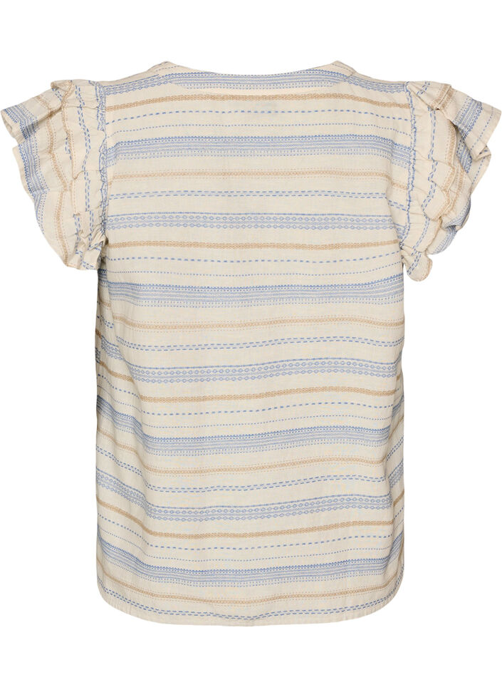 &AElig;rmel&oslash;s bluse med fl&aelig;ser og m&oslash;nstrede striber, Vanilla, Packshot image number 1