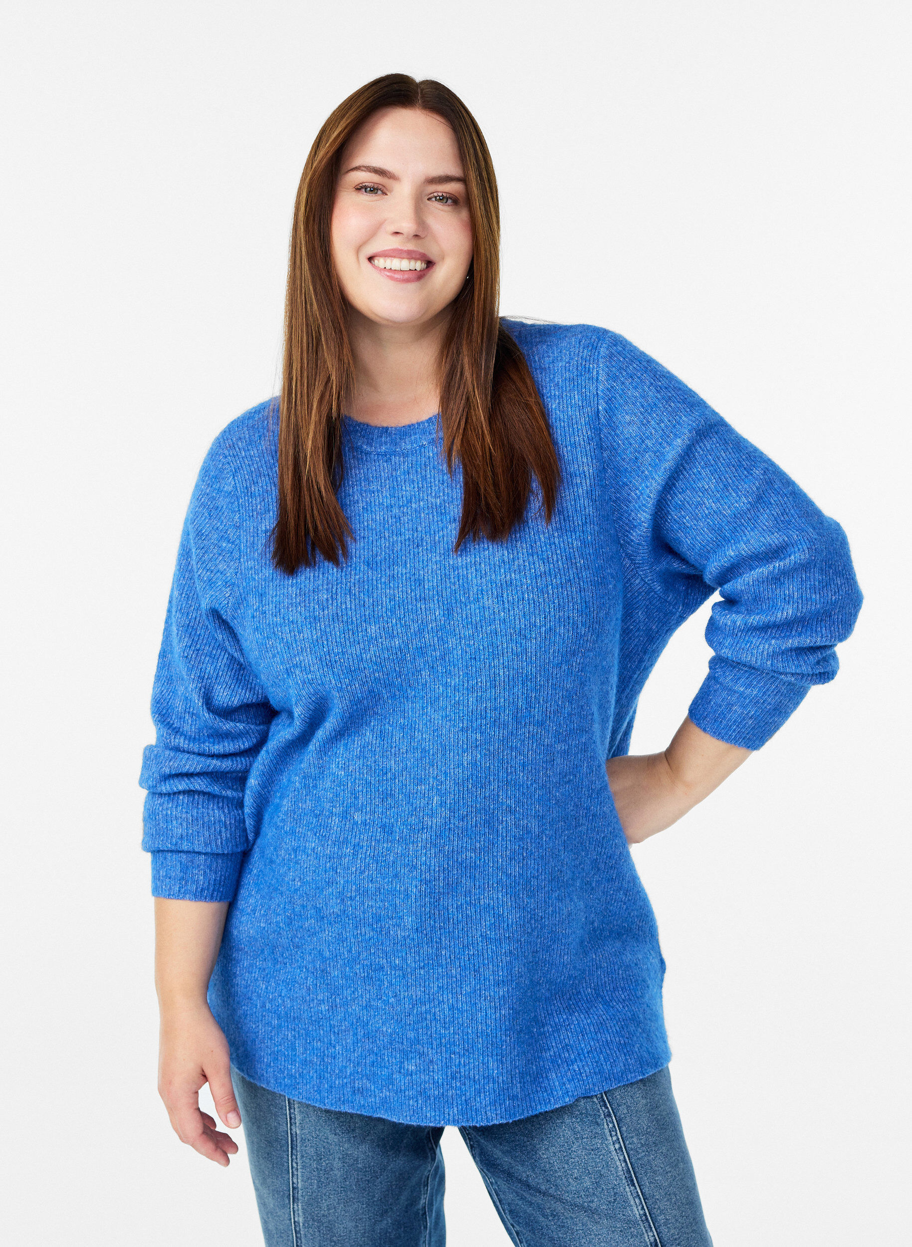 Meleret strikbluse med rund hals, Bl&aring;, Model