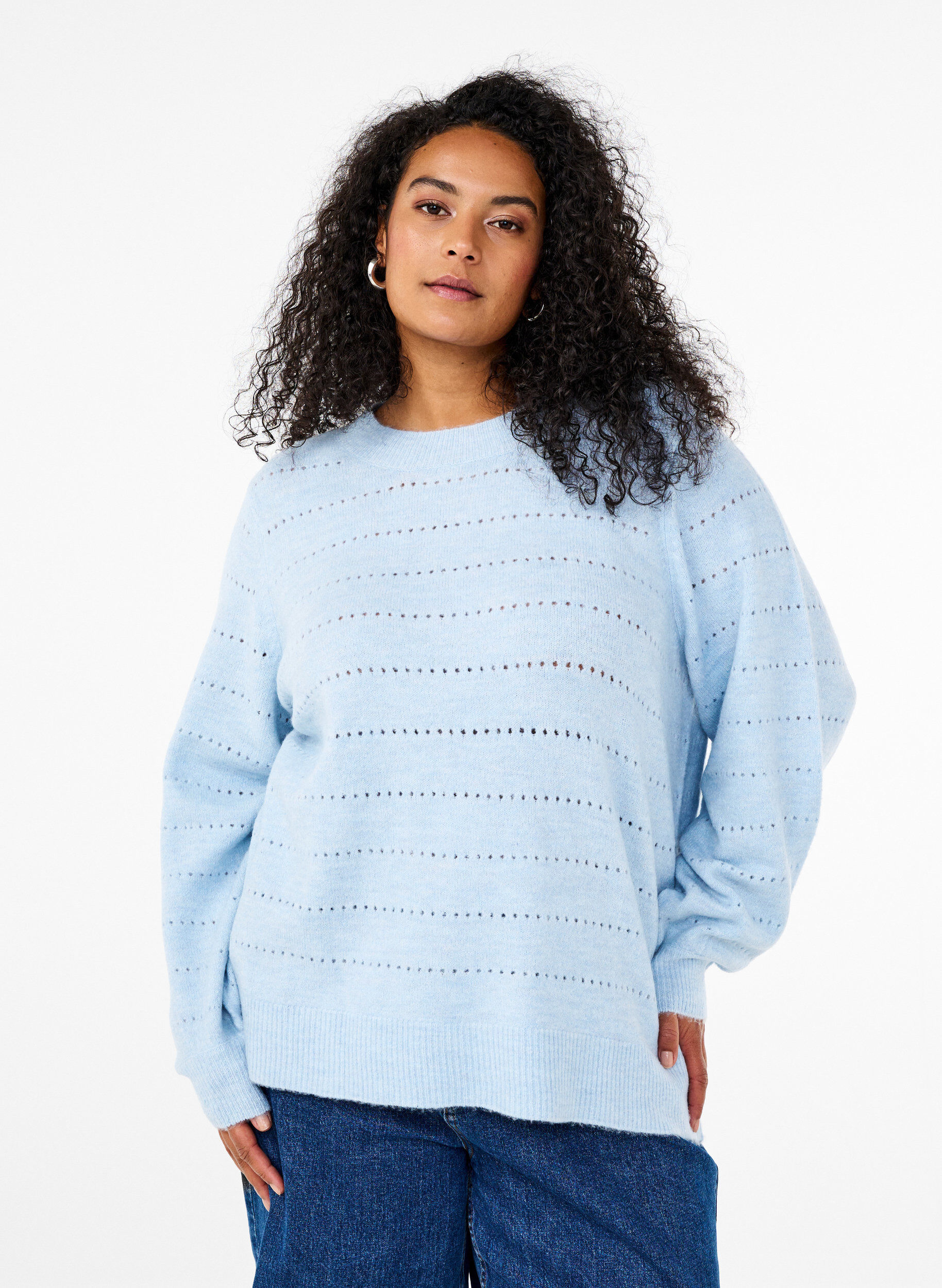 Zizzi Strikbluse med rund hals og hulm&oslash;nster, Cashmere Blue Mel., Model image number 0
