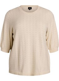 Strikbluse med struktureret m&oslash;nster og korte &aelig;rmer, Beige