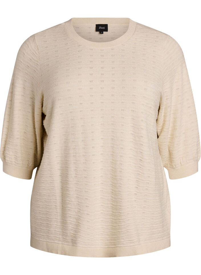 Strikbluse med struktureret m&oslash;nster og korte &aelig;rmer, Beige, Packshot image number 0