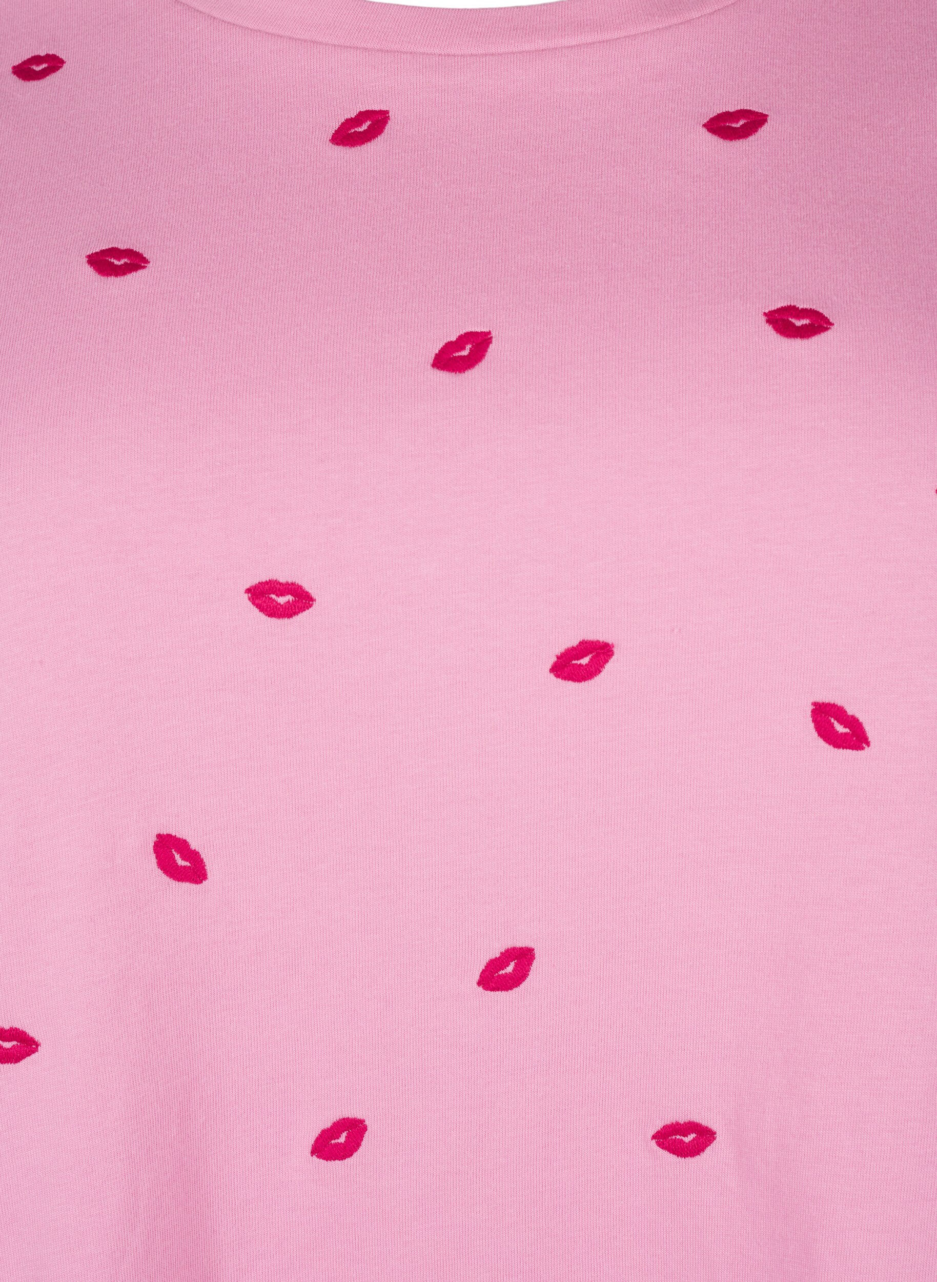 Zizzi T-shirt i &oslash;kologisk bomuld med broderede l&aelig;ber., Rose Bl. Lips Emb. , Packshot image number 2