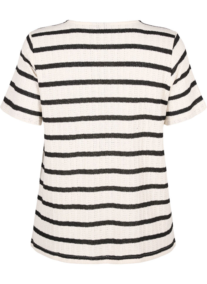 Bluse med korte ærmer og kontrasfarvede striber, Sand Black Stripe, Packshot image number 1