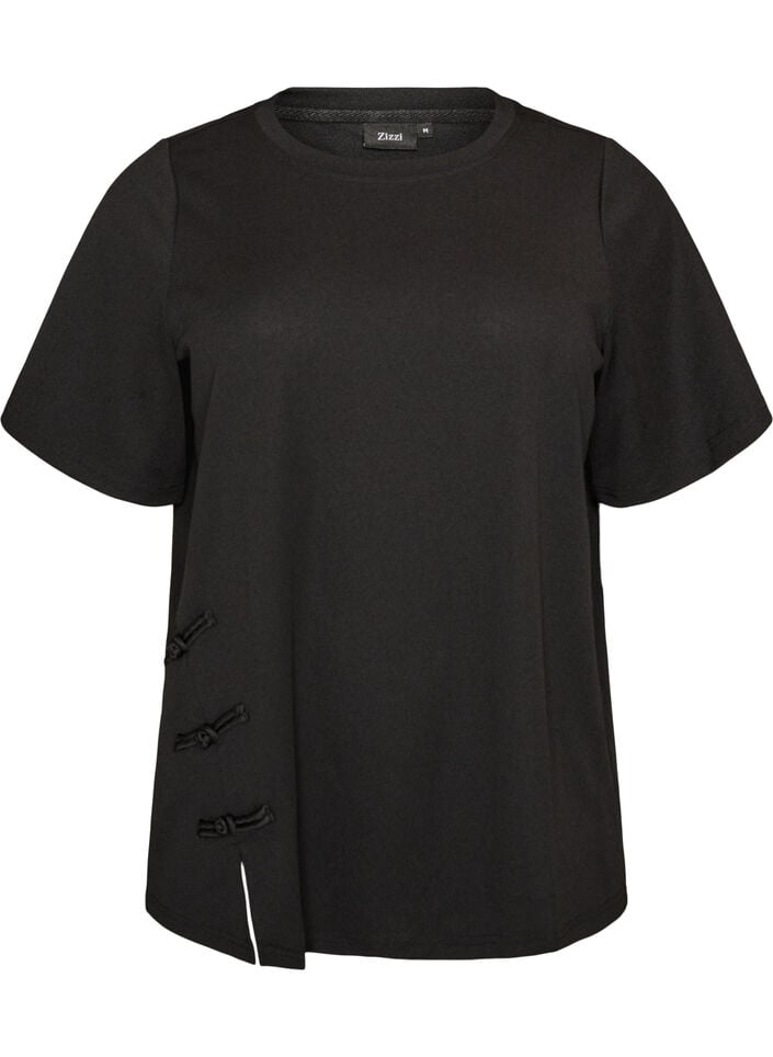 T-shirt med slids og dekorative knudelukninger, Sort, Packshot image number 0