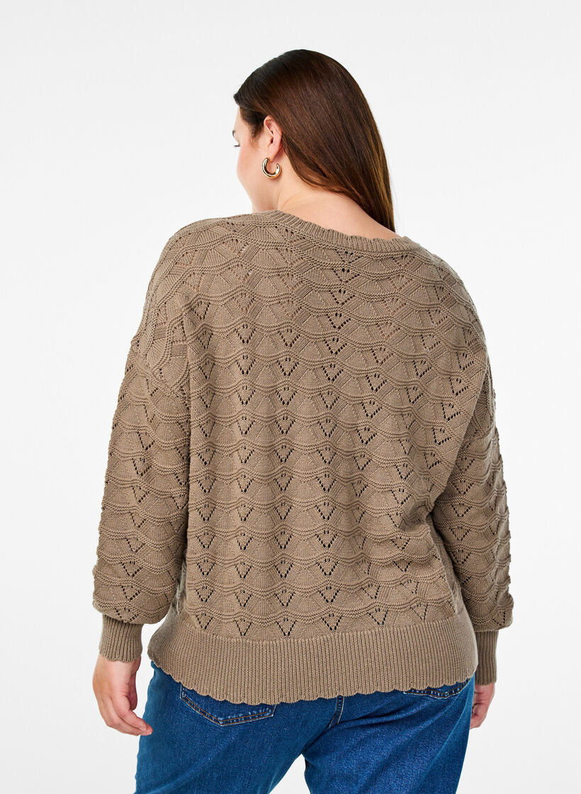 Langærmet strikbluse med hulmønster, Desert Taupe, Model image number 1