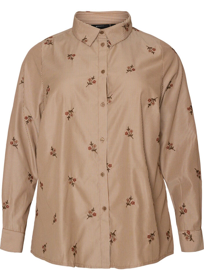 Stribet skjorte med broderede blomster, Brun, Packshot image number 0