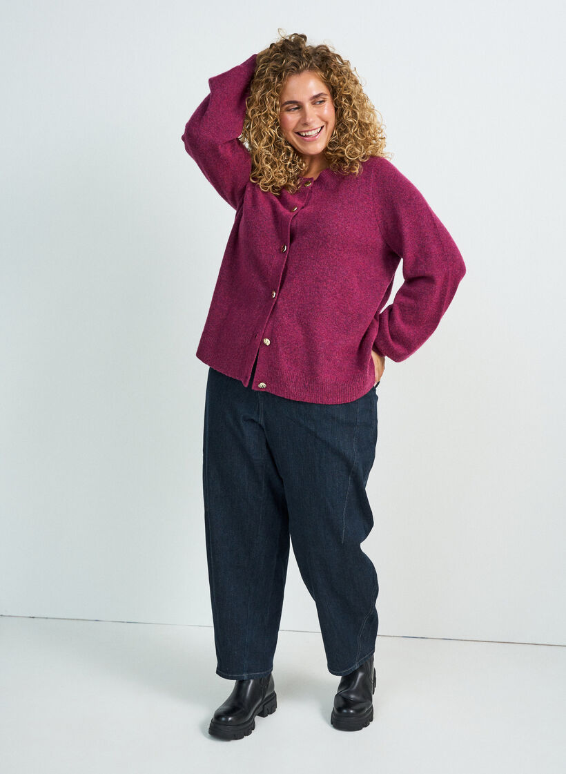 Cardigan i bl&oslash;d strik med guldfarvede knapper, Lyser&oslash;d, Model image number 1