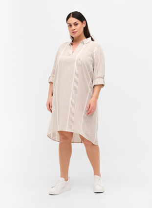 Kjole med v-udskæring og krave, White Taupe Stripe, Model image number 2