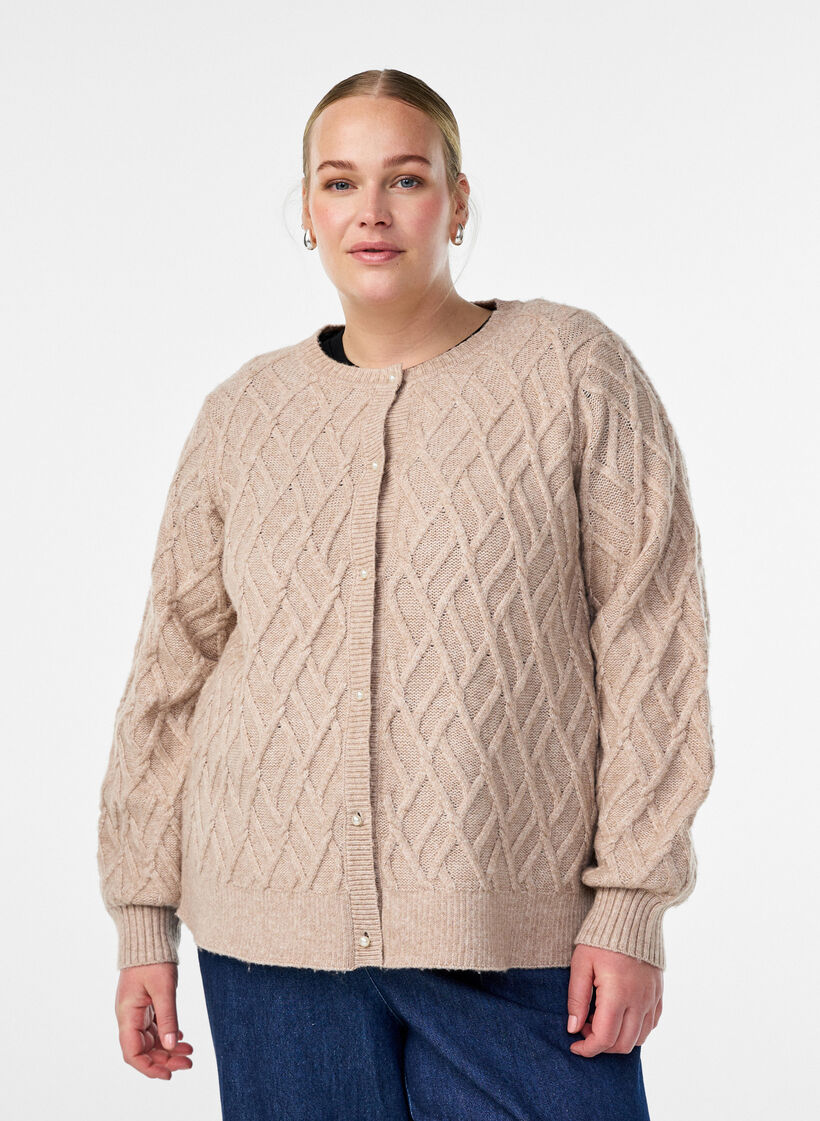 Strikcardigan med perleknapper og kabelmønster, Beige, Model image number 0