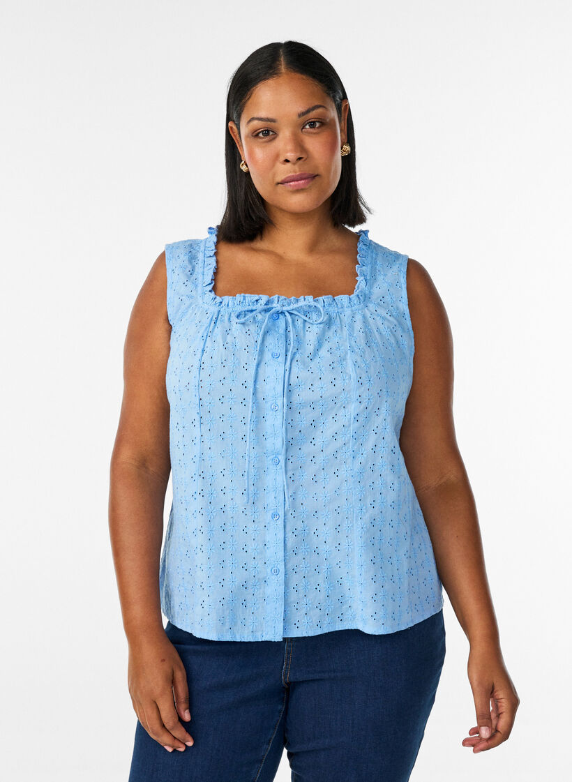 &AElig;rmel&oslash;s bluse med broderie anglaise og fl&aelig;ser, Bl&aring;, Model image number 0