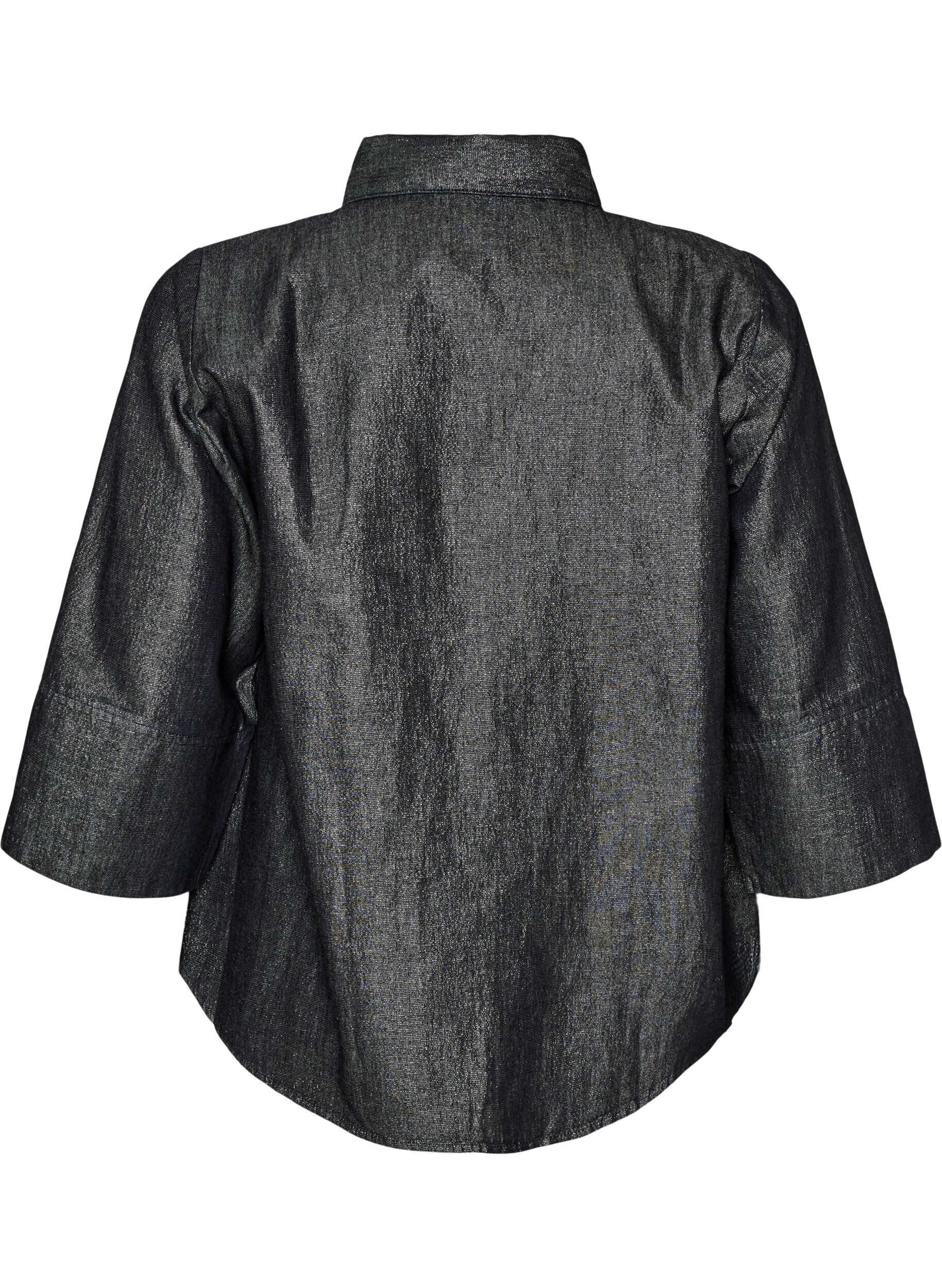 ZizziDenimskjorte med glimmertr&aring;d og 3/4-&aelig;rmer, Gr&aring;, Packshot image number 1