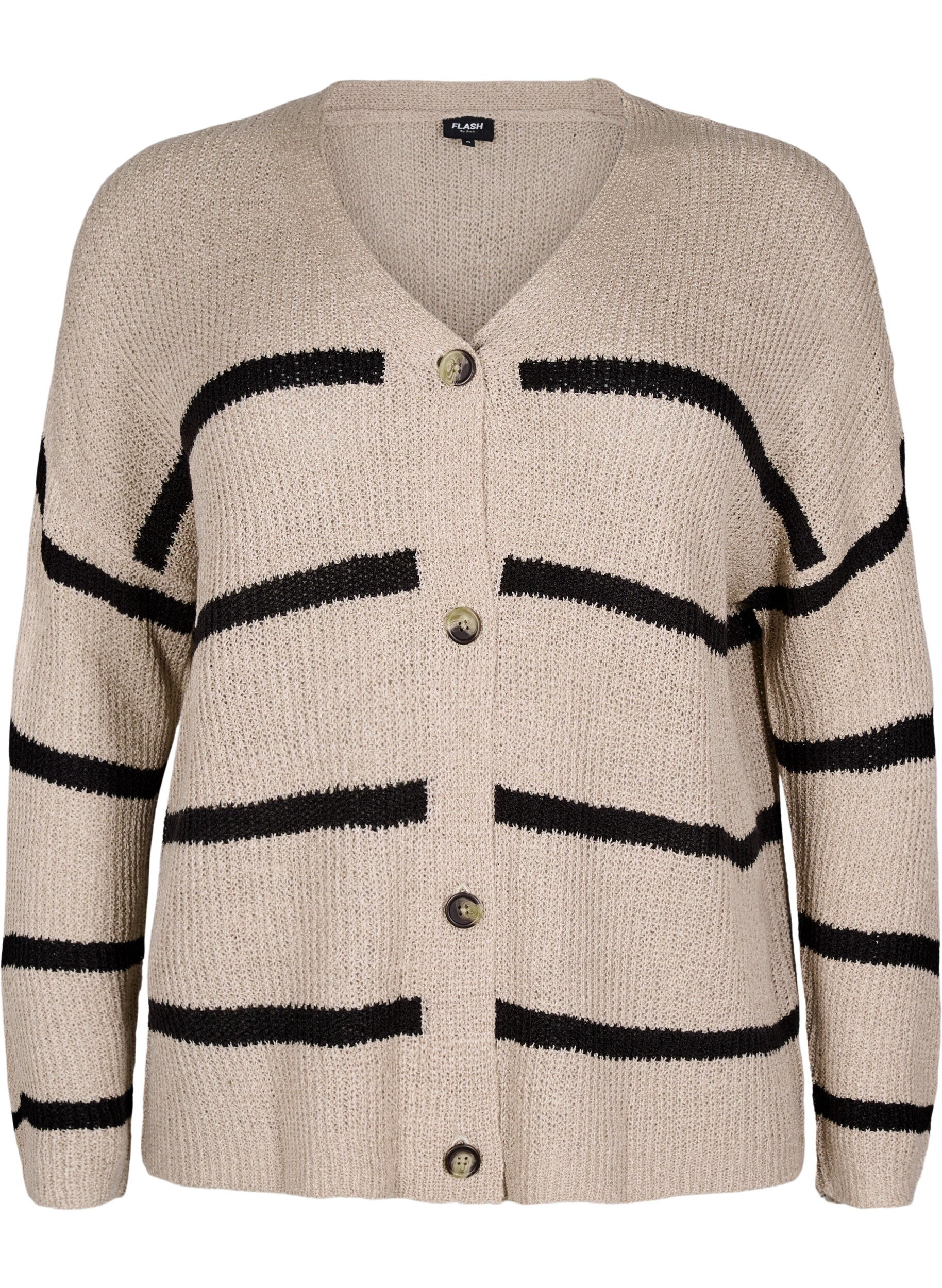Zizzi FLASH - Strikket cardigan med striber og knapper, Beige, Packshot image number 0